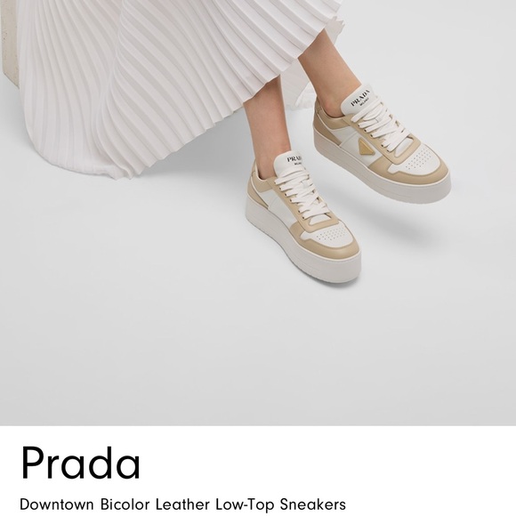 Prada Women's Downtown Bi-Color Leather Low Top Sneakers - Picture 2 of 8